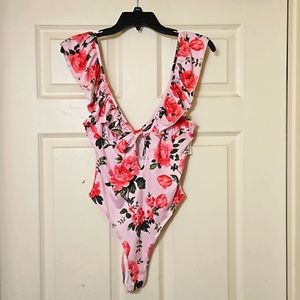 HI SUMMER 🌺💐 SHEIN PINK AND GREEN FLORAL RUFFLED SLEEVE BODYCON WITH KEYHOLE